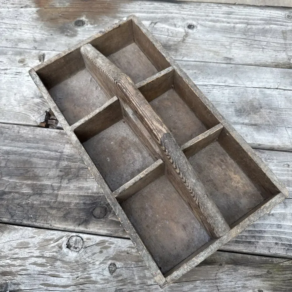 Vintage 6 Comp Wood Garden Tool Tote Caddy Toolbox Handmade Carpenters